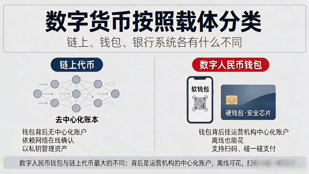 数字货币按照载体分类:链上、钱包、银行系统各有什么不同